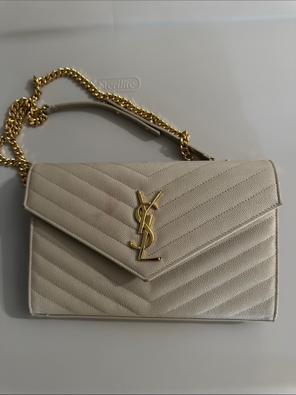 Saint Laurent Taupe Quilted Envelope Crossbody with Gold YSL Chain